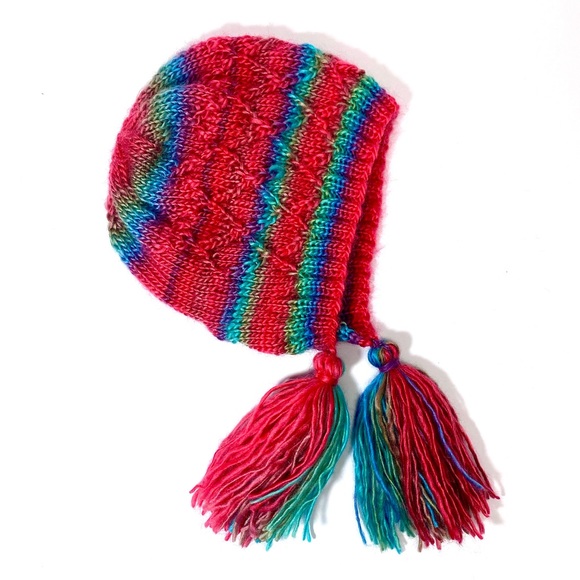 HAND KNIT Brightly Color Stripe Fun Bonnet Beanie with Tassels, Fun Cabled Hat - Picture 6 of 10